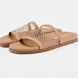 Zara mesh rhinestone slide sandals beige